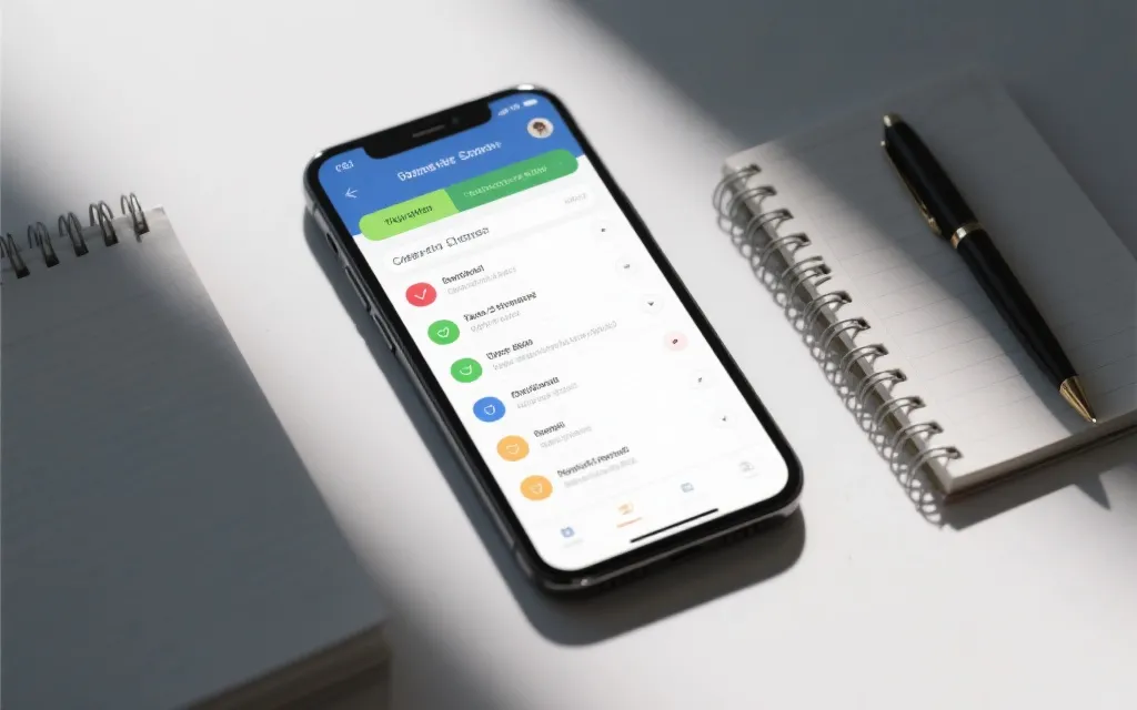 手机屏幕展示赛程日历与权益领取清单，旁边有记事本与笔